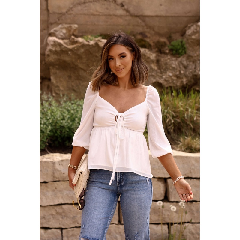 White Sweetheart Tie Front Blouse – DOORBUSTER Small