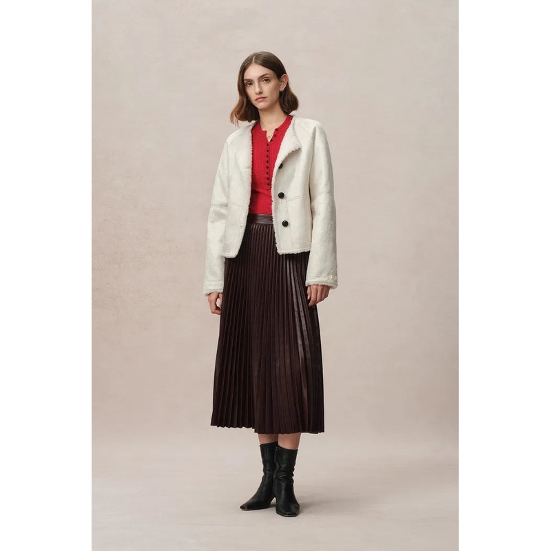 Arran Hand Braided Leather Button Short Coat in Faux Sheepskin XS