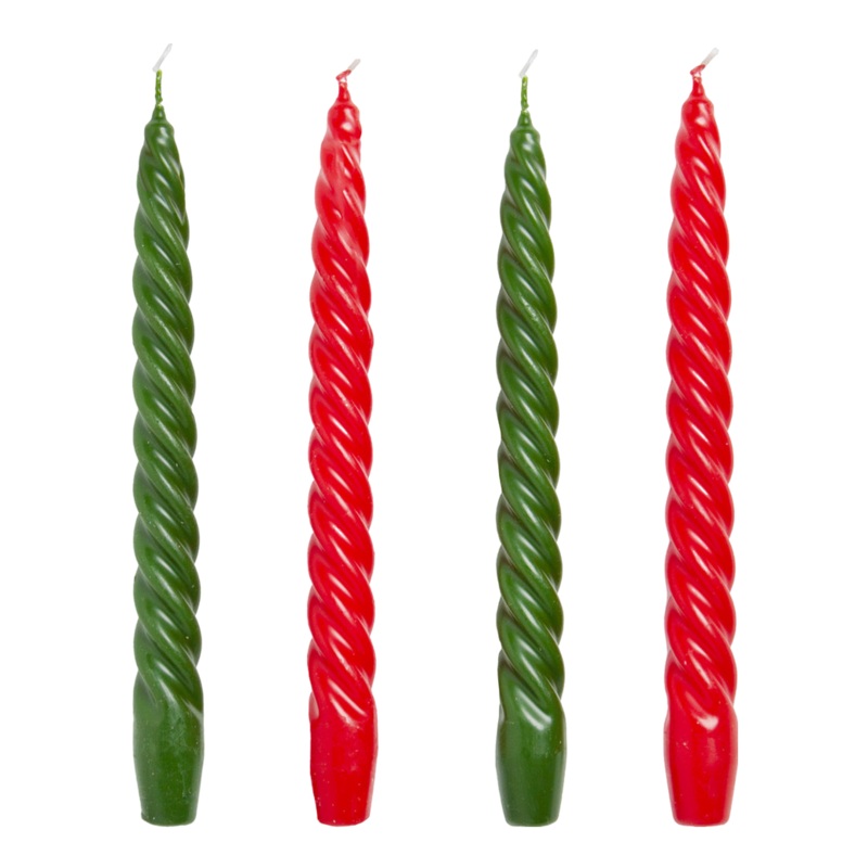 Boho Spiral Dinner Candle, 4 Pack Red & Green 25cm