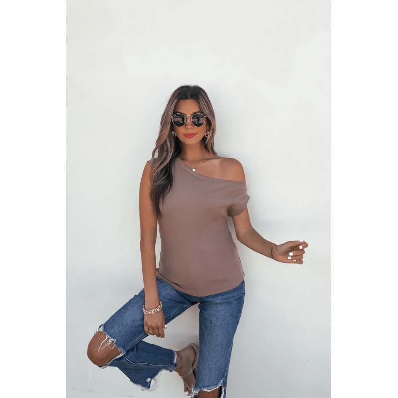 Brown Off The Shoulder Ribbed Top – FINAL SALE Small