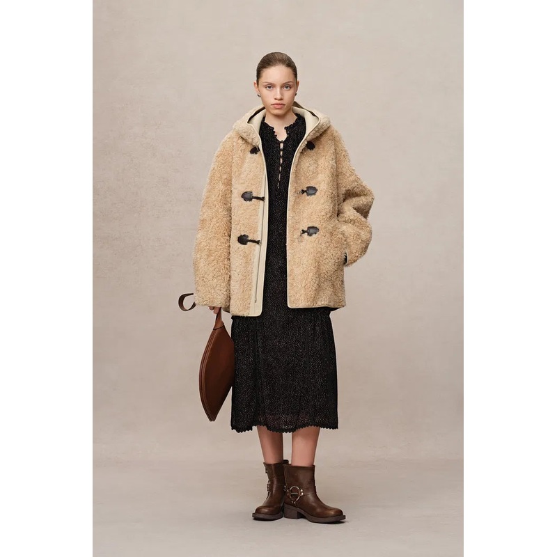 Clmence New Semi Oversized Hooded Sherpa Short Coat in Wool Blend XS