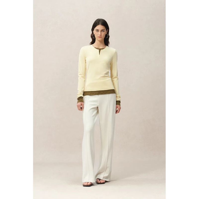 Maya Yellow and Brown Layered Look Long Sleeve Top in Tencel-Merino Tech XS