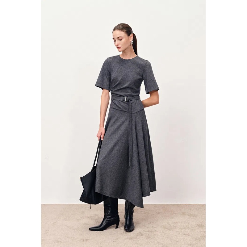Bea Asymmetric Hem Wool Dress in Merino Wool XS