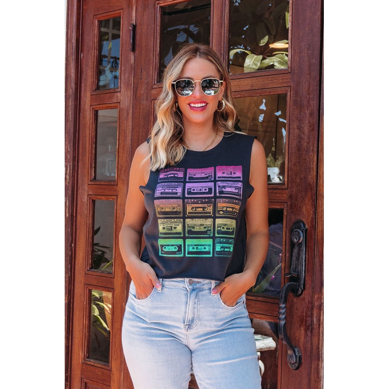 Black Cassette Tape Graphic Tank Top Small