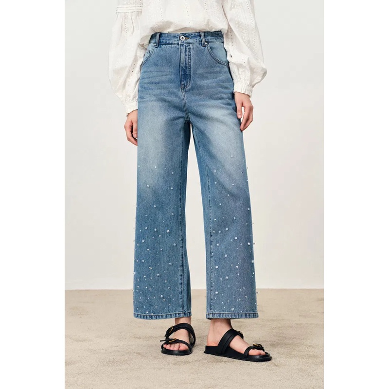 Lulia Raindrop Hand-Beaded Roomy Straight Leg Jeans in Cotton Denim XS