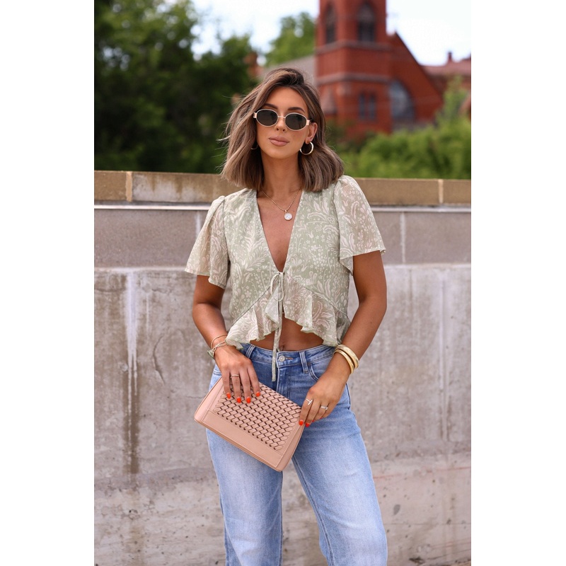 Sage Bloom Print Tie Top – DOORBUSTER Small