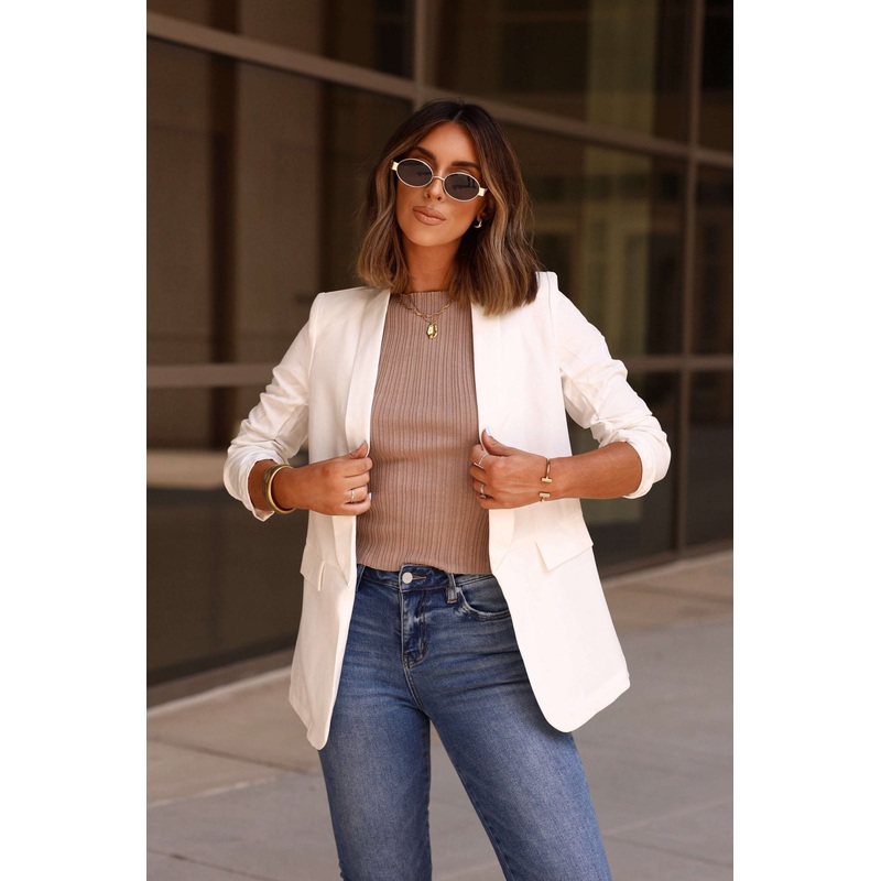 White Ruched Sleeve Blazer Small