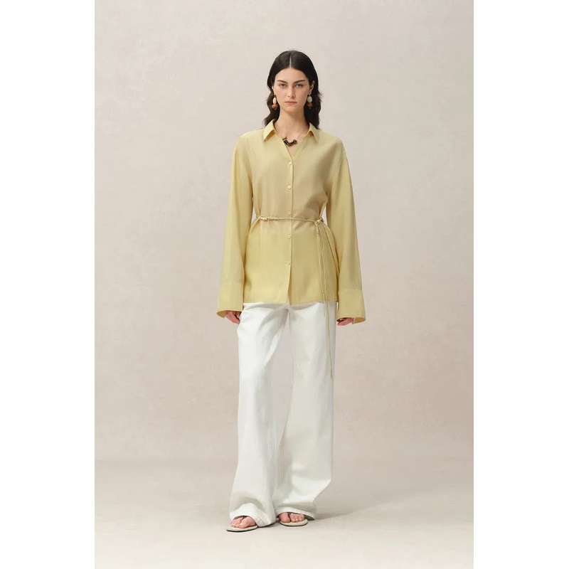 Xena Hand Beaded Belt Cinched Waist Shirt in Acetate Blend XS