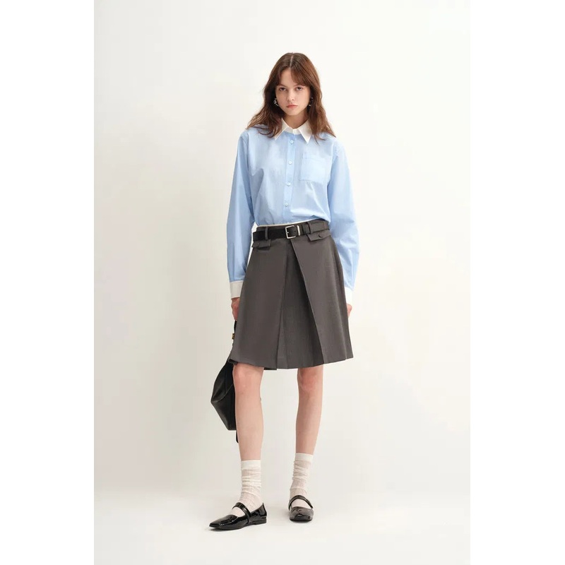 Xena White and Blue Contrast Shirt in Cotton Micro-Crepe XS