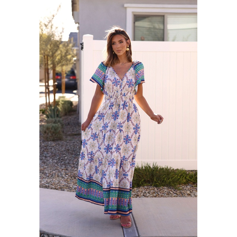 Claire Blue Print Tiered Maxi Dress – DOORBUSTER Small