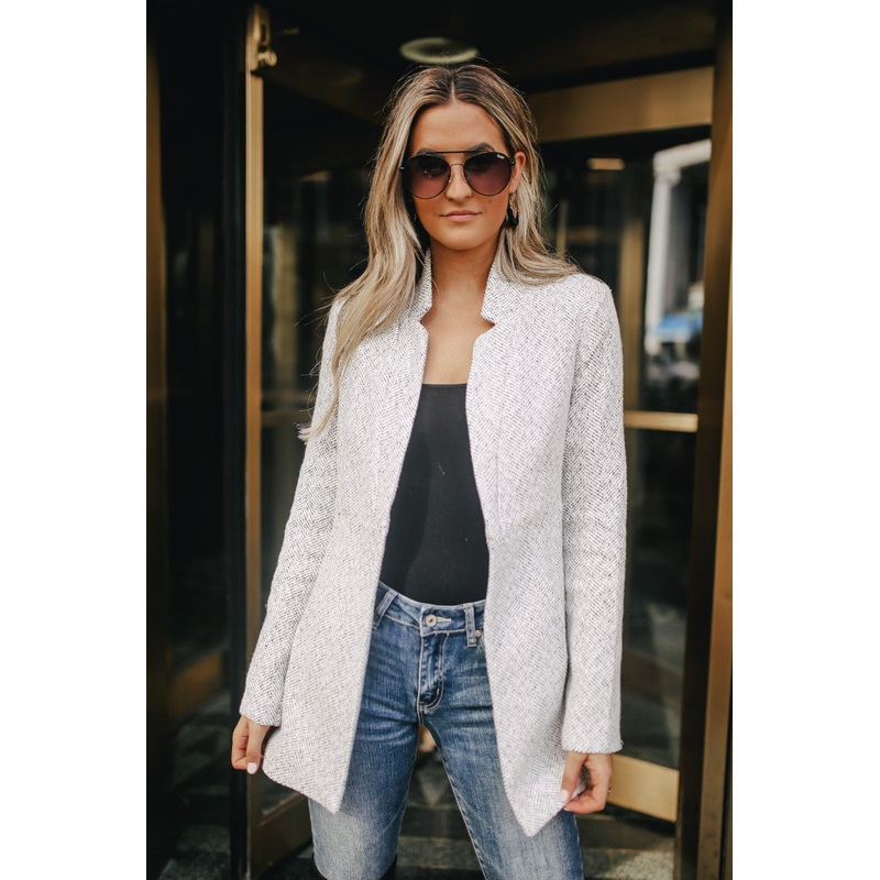 Open Front Herringbone Jacket – Grey/White S