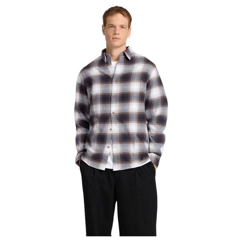 Selected Slim Owen Flannel Long Sleeve Shirt White/Chocolate Torte Small