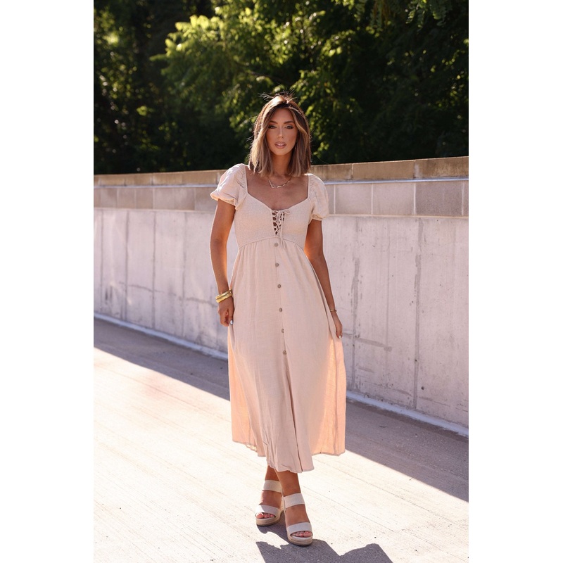 Sunset Stroll Midi Dress – Light Khaki – DOORBUSTER Small