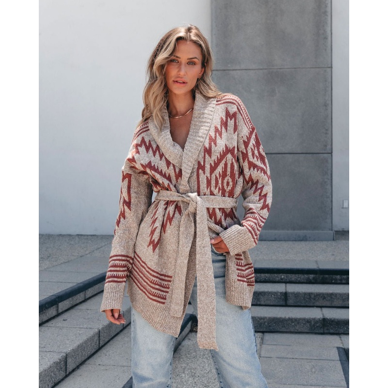 Taupe Aztec Belted Cardigan Small