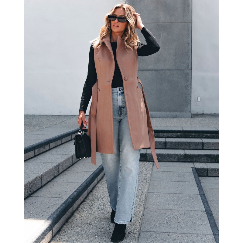 Vegan Wool Belted Vest – Khaki Small