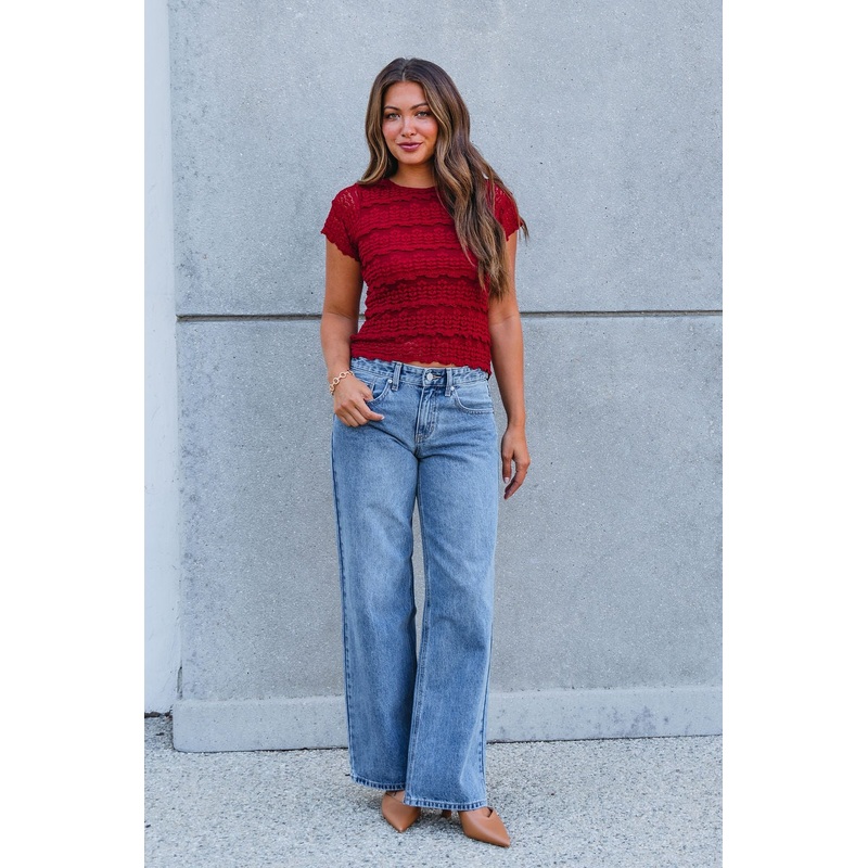 Amara Burgundy High Neck Lace Top Small