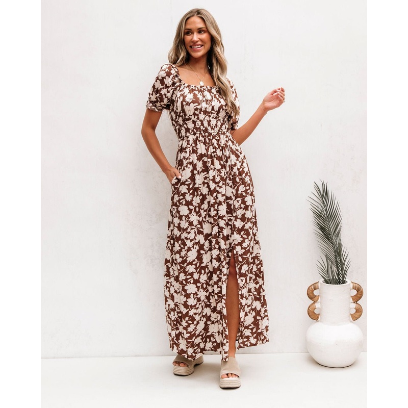 Brown Floral Print Slit Maxi Dress Small