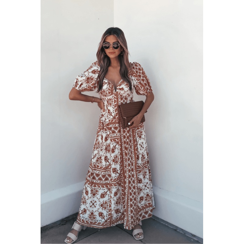 Cynthia Multi Rust Print Midi Dress Small