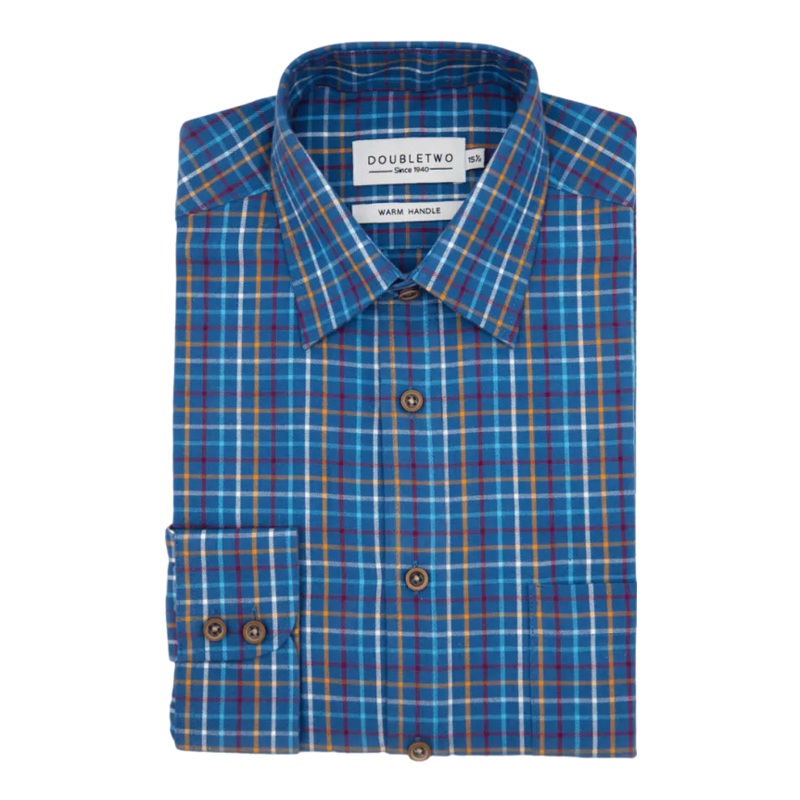 Double Two Long Sleeve Check Brushed Cotton Shirt Blue/White/Gold/Wine 18.5