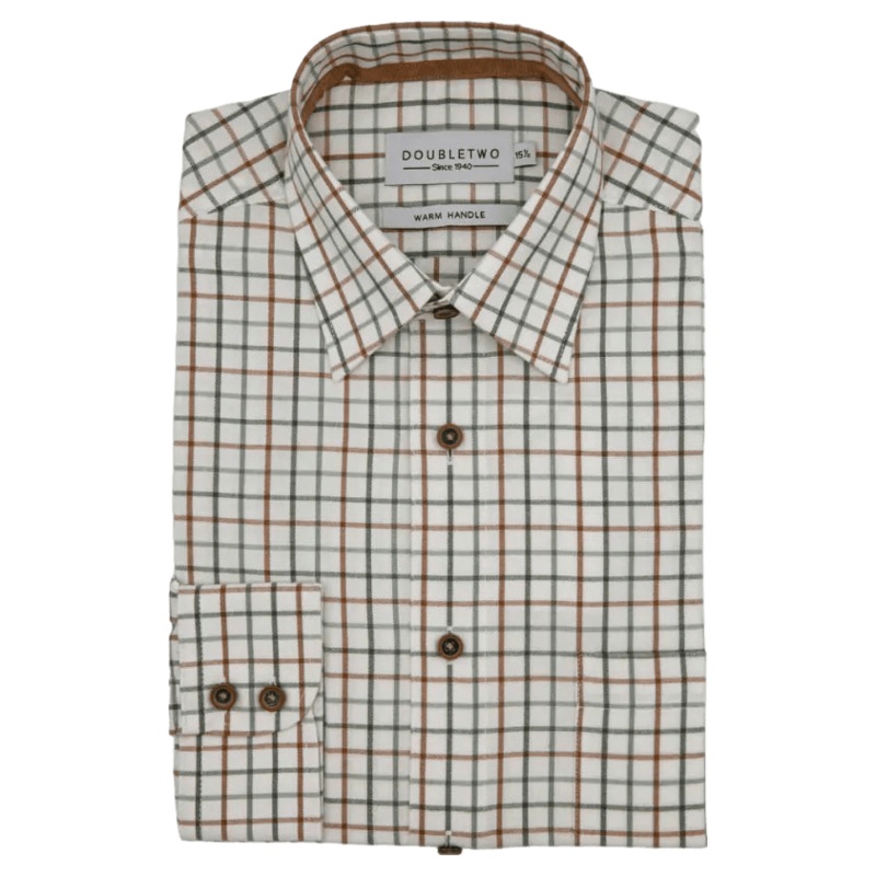 Double Two Long Sleeve Check Brushed Cotton Shirt Cream/Green/Brown 19