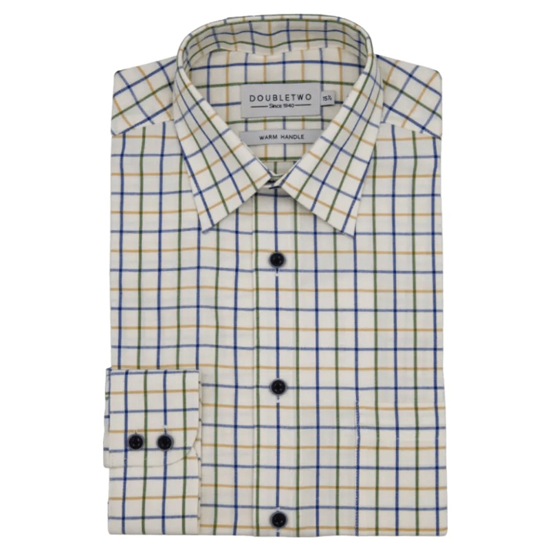 Double Two Long Sleeve Wide Check Brushed Cotton Shirt Navy/Olive/Gold 18.5
