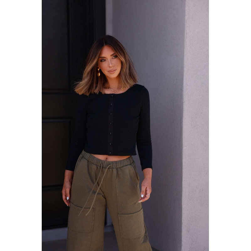 Eloise Black Ribbed Button Down Top Small