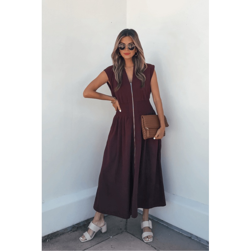 Margot Wine Corduroy Zip Front Midi Dress Small