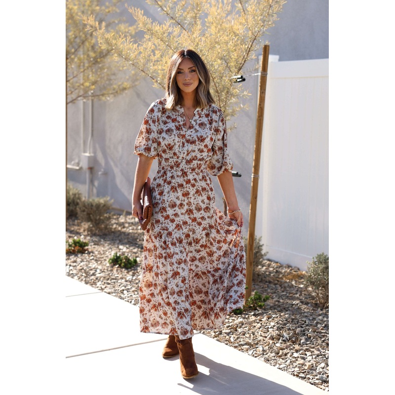 Rowan Cream & Rust Tiered Midi Dress Small