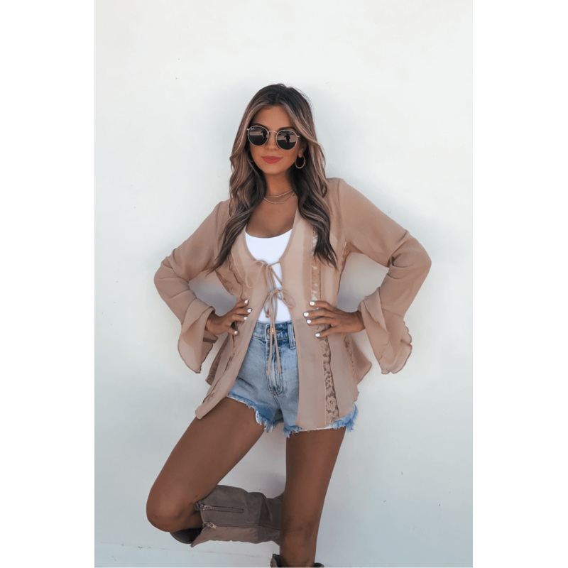 Sand Bell Sleeve Sheer Lace Top Small