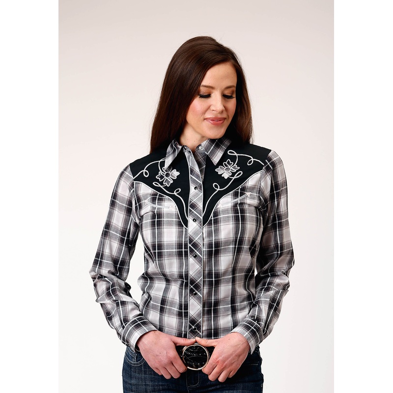 Womens Long Sleeve Snap Black Aqua Grey Plaid Western Shirt With Piping And Applique On Yokes XS