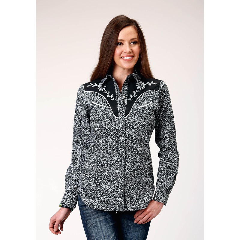 Womens Long Sleeve Snap Black White Floral Print Western Shirt With Piping And Applique On Yokes XS
