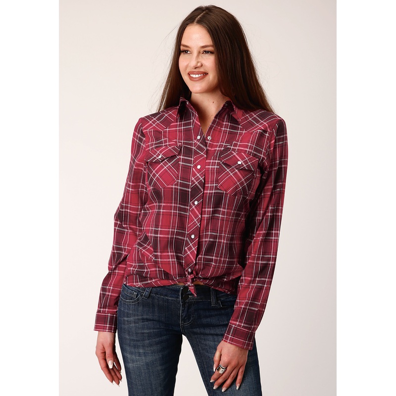 Womens Long Sleeve Snap Bright Red Plaid Western Shirt XS