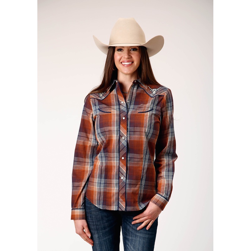 Womens Long Sleeve Snap Brown Navy Cream Plaid Western Shirt With Piping And Embroidery On Yokes XS