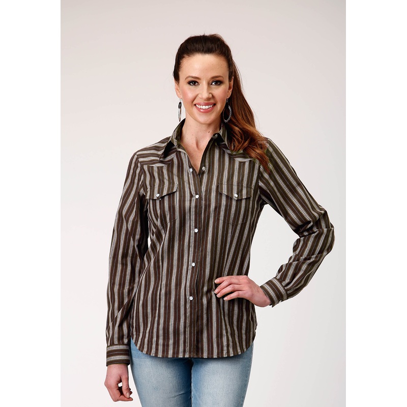 Womens Long Sleeve Snap Chocolate Stripe Western Shirt XS
