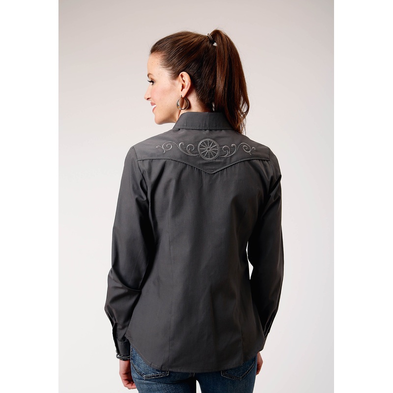 Womens Long Sleeve Snap Dark Charcoal Grey Broadcloth Western Shirt With Self Piping And Embroidery On Yokes XS