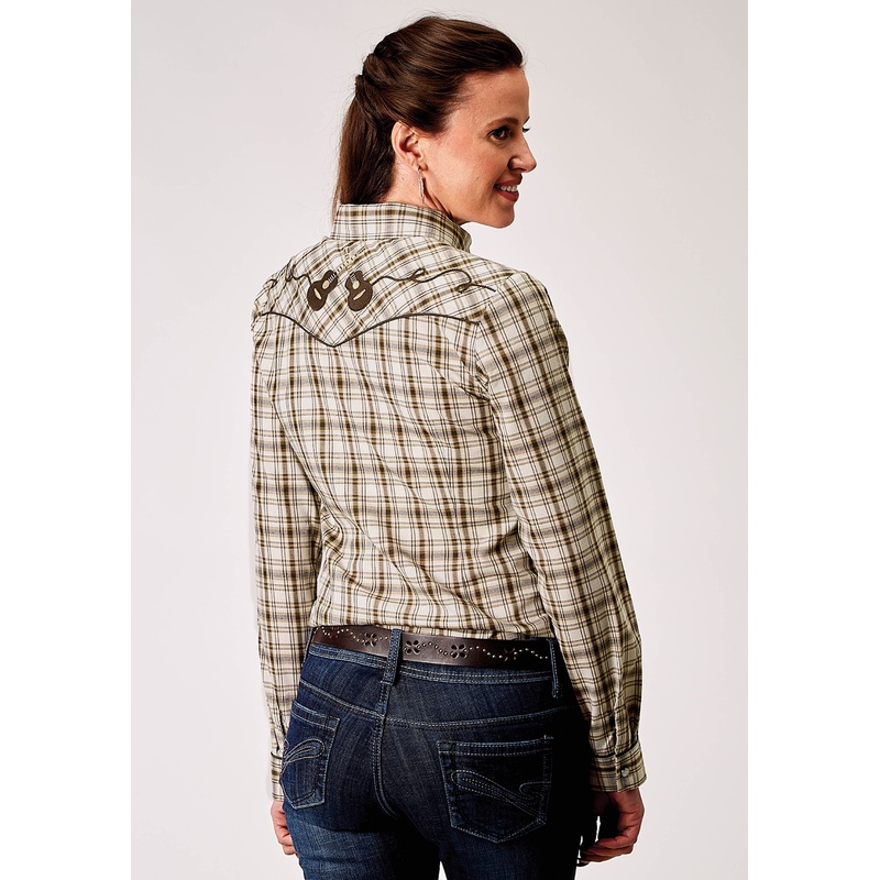 Womens Long Sleeve Snap Desert Plaid Western Shirt With Embroidery On Back Yokes Smile Pockets XS