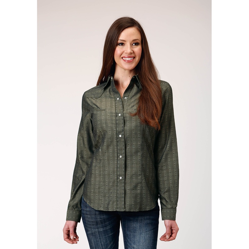 Womens Long Sleeve Snap Grey Floral Tone On Tone Strip Western Shirt With Solid Piping And Smile Pockets XS