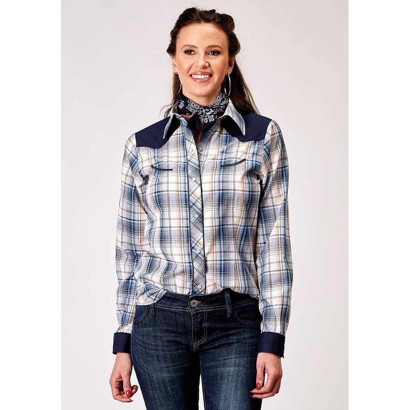 Womens Long Sleeve Snap Madris Plaid Plaid Western Shirt With Piping Solid Yokes Smile Pockets XS