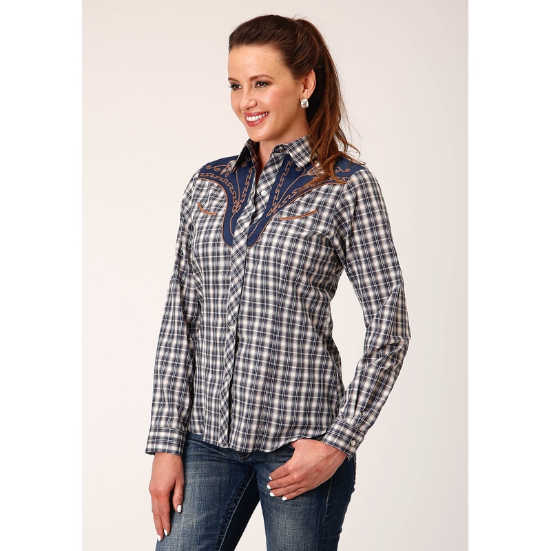 Womens Long Sleeve Snap Navy Cream Tan Small Scale Plaid Western Shirt With Piping And Applique On Yokes XS