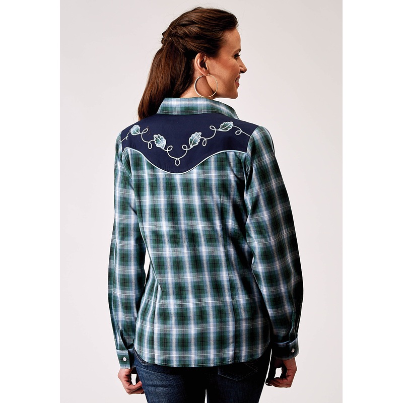Womens Long Sleeve Snap Ocean Plaid Western Shirt With Fancy Curved Yokes Applique On Back Yoke XS