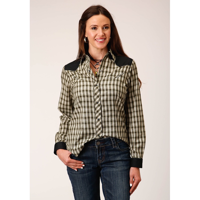 Womens Long Sleeve Snap Olive Black Cream Windowpane Plaid Western Shirt With Piping Contrast Yokes And Smile Pckts XS