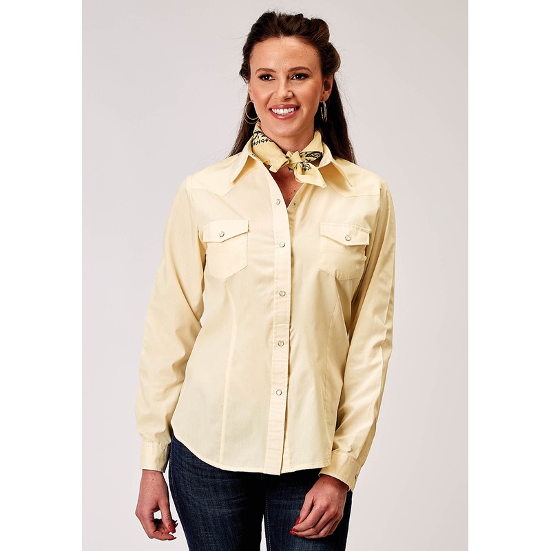 Womens Long Sleeve Snap Solid Broadcloth Warm Ecru Western Shirt XS