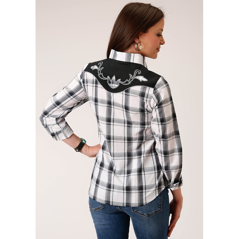 Womens Long Sleeve Snap White Black Grey Plaid Western Shirt With Piping Contrast Yokes And Applique XS