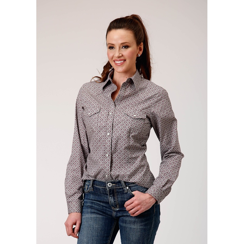 Womens Long Sleeve Snap Wine Taupe Retro Print Western Shirt XS