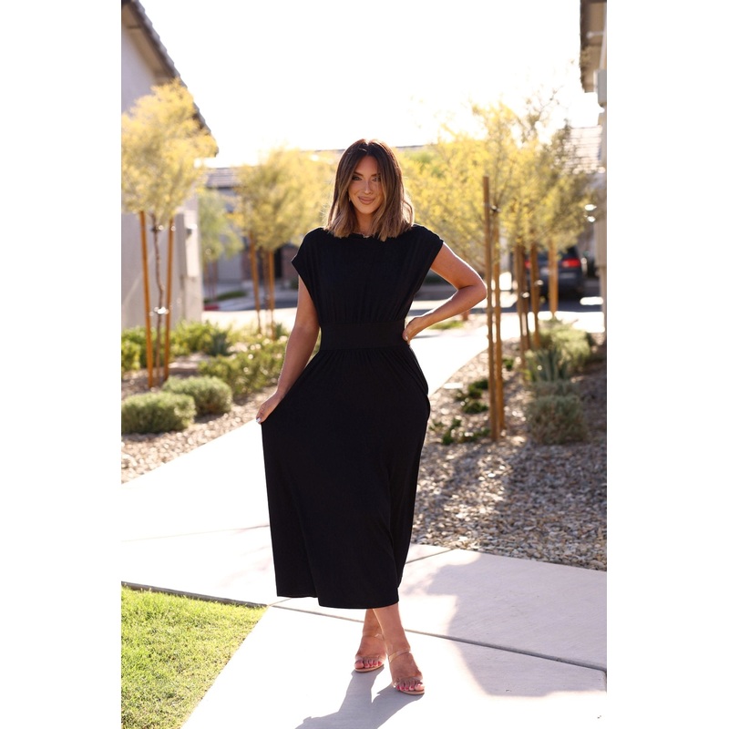 Zoey Black Cinched Flare Midi Dress Small