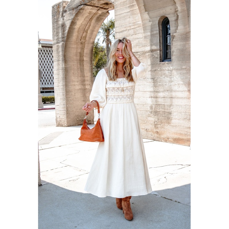 Angelica Natural Ruched Midi Dress Small