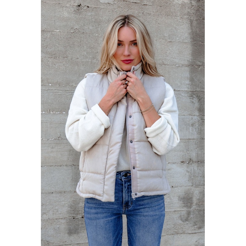 Beige Button Up Puffer Vest Small