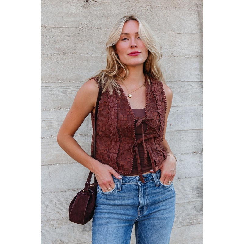 Brown Lace Eyelet Tie Front Vest Small