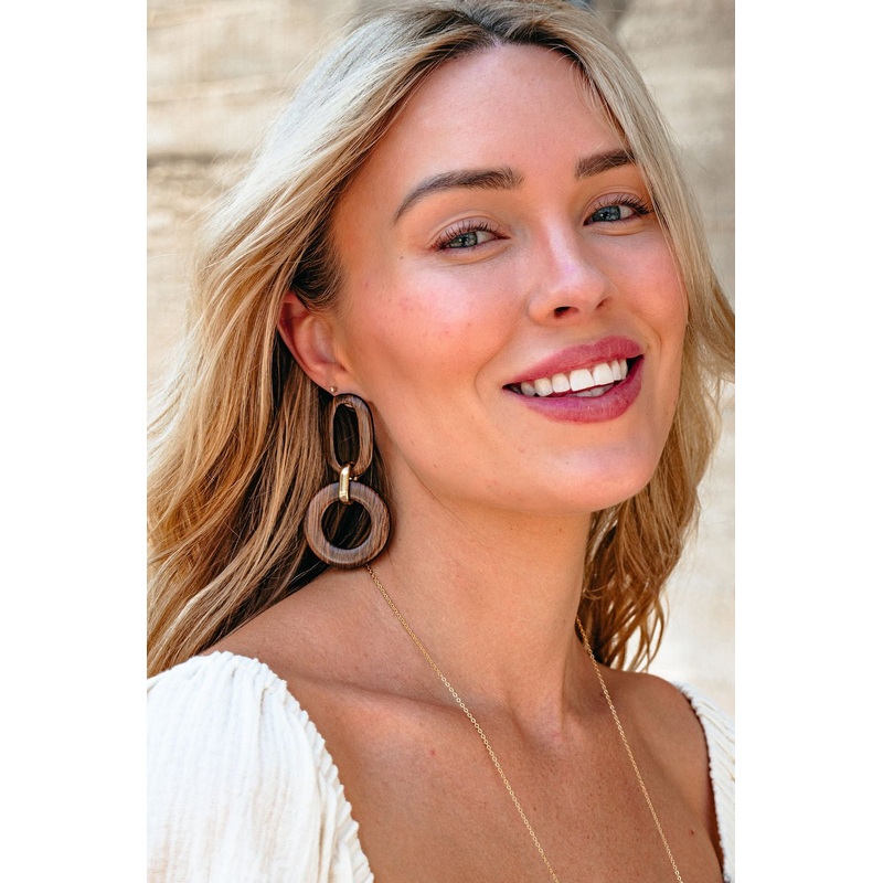 Brown Wooden Linked Dangle Earrings