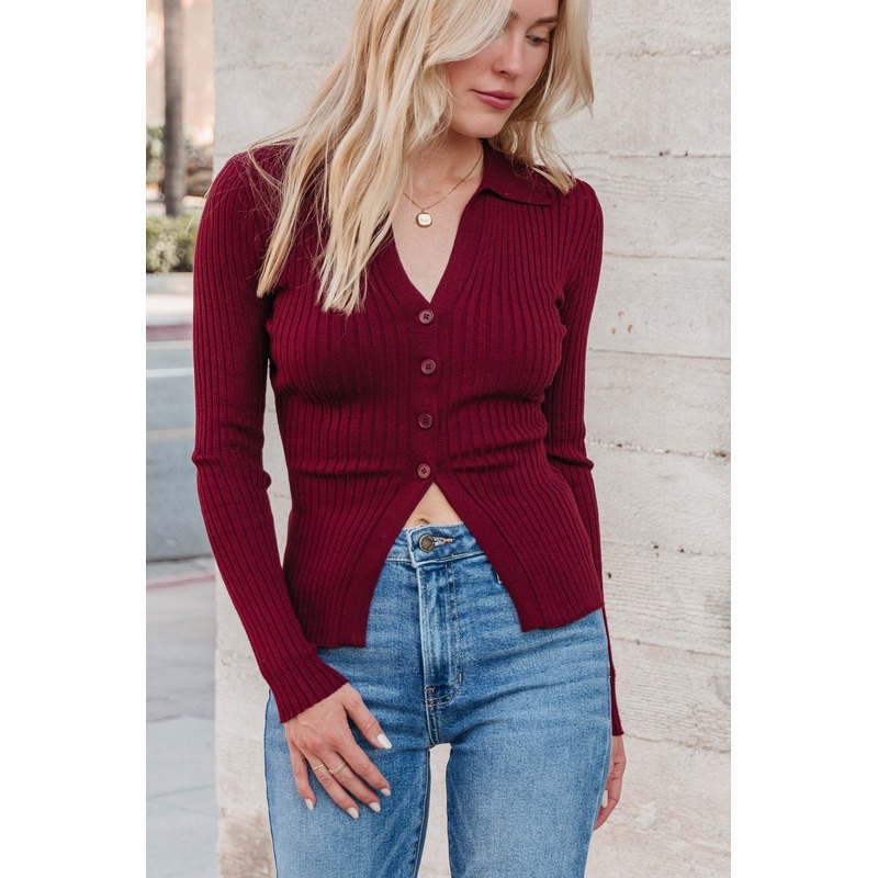 Burgundy Button Down Ribbed Top Small
